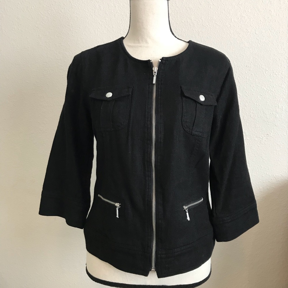 212 Collection 3/4 sleeve zip front linen jacket